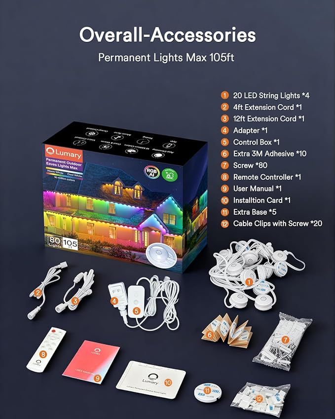 Lumary Permanent Outdoor Lights Max, 105ft with 80 LED Eave Lights 4800LM, RGBAICW Smart Outdoor Lighting IP67 Waterproof, Scene Modes for Daily and Accent Lighting, Works with Alexa/Google Assistant