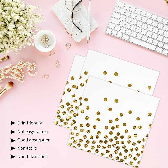 50PCS White and Gold Paper Plates and Napkins Party Supplies, 7 Inch Scalloped Dot Paper Dessert Cake Plates and Napkins Disposable Tableware Set for Birthday Baby Shower Wedding Decorations