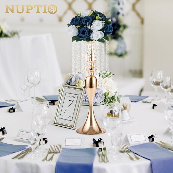 NUPTIO Artificial Flower Centrepieces for Tables - 6 Pcs Navy Blue & White Fake Flowers Roses Balls 9.5in Diameter - Silk Faux Rose Arrangement for Wedding Party Centerpiece Table Decorations