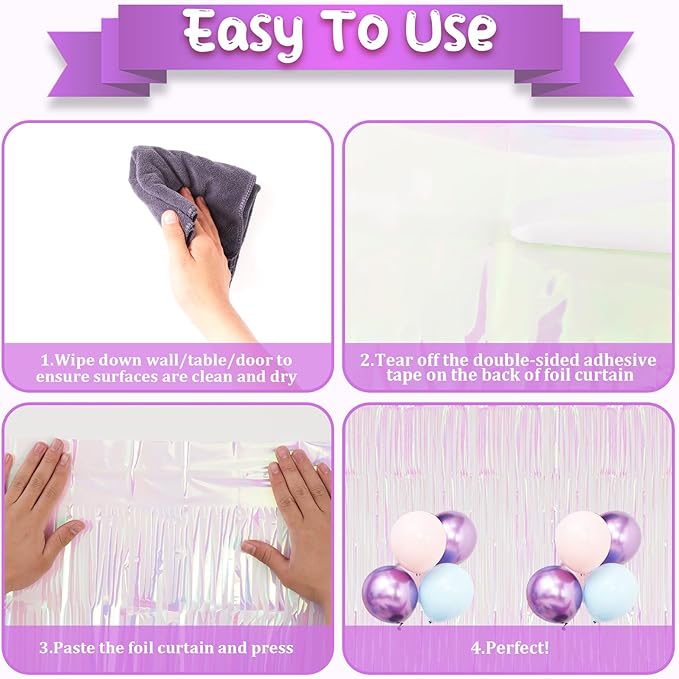 2 Pack Iridescent Tinsel Foil Fringe Curtains, Iridescent Party Decorations, Metallic Tinsel Party Streamers Backdrop for Mermaid Birthday Baby Shower Slumber Wedding Party Decorations