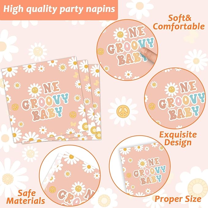 96PCS One Groovy Birthday Party Decorations Groovy One Party Paper Plates Napkins for Girls Daisy Flower Hippie 1st Tableware for Newborn Retro Boho Baby Shower Party Decor Supplies