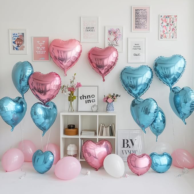 Pink Blue Heart Balloons, 19PCS Pink and Blue Heart Shape Balloons, 18Inch with 10Inch Pastel Blue Pink Helium Foil Balloon Love Balloon for Birthday Baby Shower Party Decorations