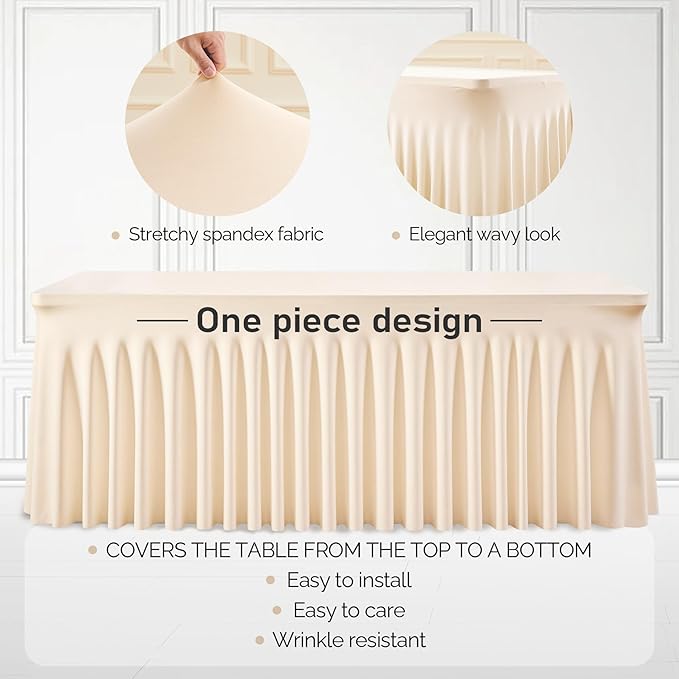 1 Pack Light Champagne Table Clothes for 4 Foot Rectangle Tables, One-Piece Wrinkle Resistant Stretch Spandex Table Covers with Skirt for Event Banquet Wedding Birthday Party