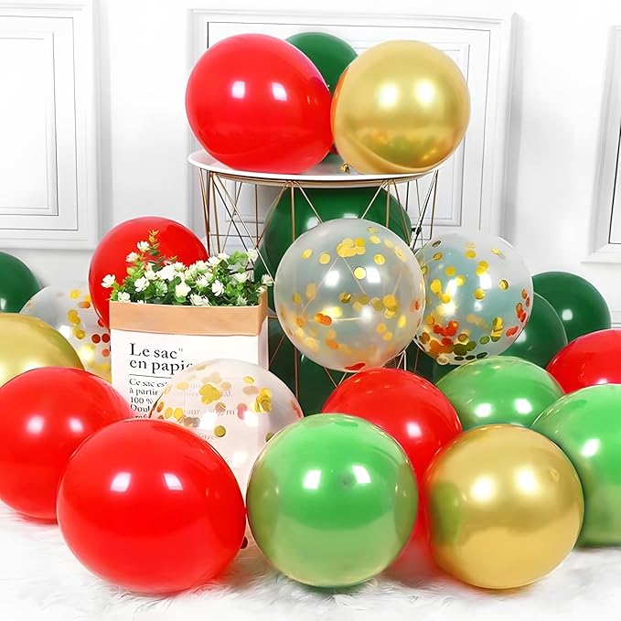 Patimate Red Green Christmas Balloons Set, 50 pcs 12 inch Metallic Gold Lime Forest Green Red Gold Confetti Latex Balloons Kit for Christmas Grinch Birthday Baby Shower Party Decorations