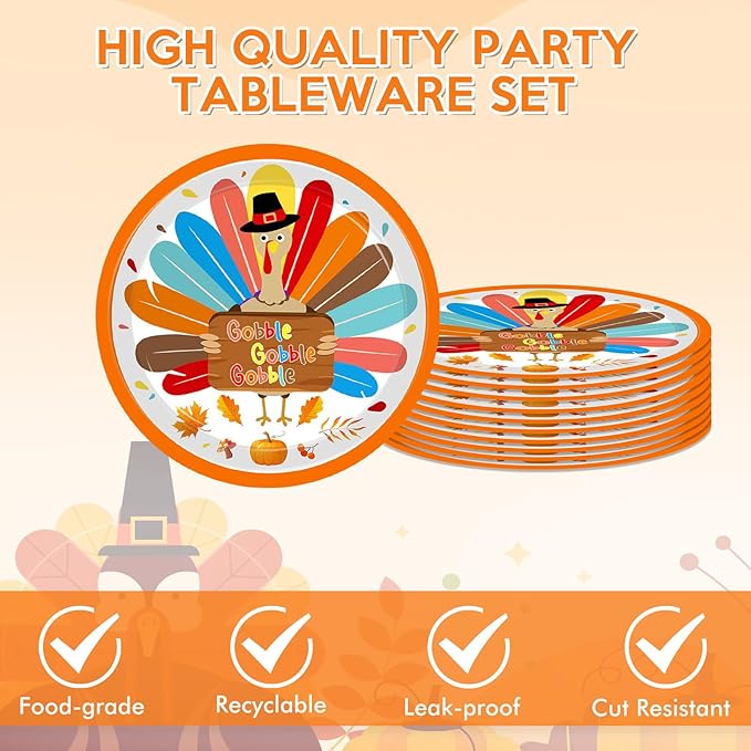 Turkey Thanksgiving Party Supplies Kit, Autumn Disposable Dinnerware Includes, Dessert Plates, Napkins for Fall party Decorations, Serve 20