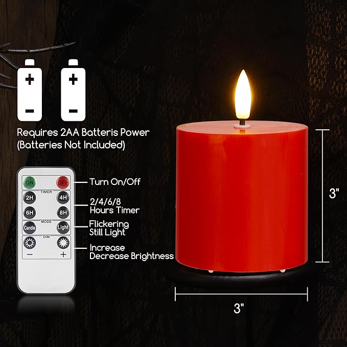Red Flameless Pillar Candles Set of 3 (3"x3"), Battery Operated LED Candles with Timer and Remote, Real Wax Flickering Light for Christmas Decorations, Romantic Dinner or Holiday Gift