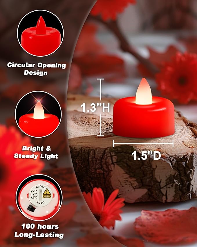 Raycare Red Battery Operated Tea Lights, 24 Pack Long Lasting Fake Candles, Flameless LED Tea Light, Colored Tealights Candles for Votive, Wedding, Table Centerpiece, Aniversary, Halloween, Christmas