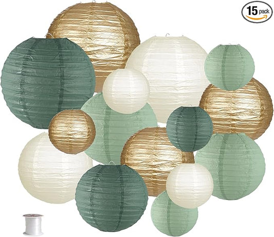Paper Lanterns Decorative, Round Hanging Paper Lanterns Decorations for Rustic Party Bridal Shower Wedding Sage Green Birthday Party Supplies Gold/Ivory/Sage Green 15pcs