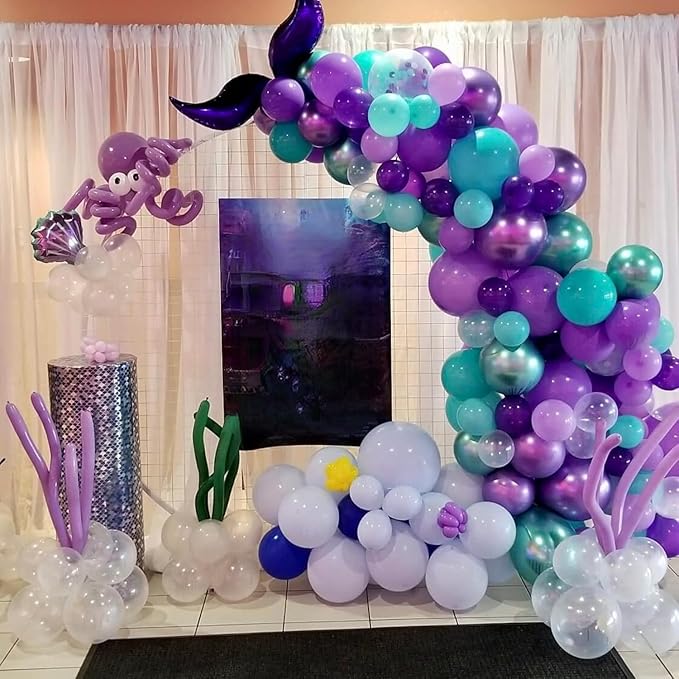 Mermaid Balloons, 60pcs 12 Inch Purple Teal and White Balloon Set with Metallic Purple Green Teal Purple Confetti Balloon, Pearl White Balloons for Birthday Wedding Mermaid Party