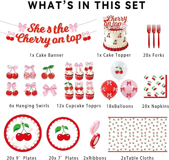 143PCS Cherry Birthday Party Decorations, She's The Cherry On Top Party Supplies Plates and Napkins Set, Tableware,Banner, Hanging Swirls, Tablecloth, Cake Cupcake Topper, Wedding Bridal Baby Shower