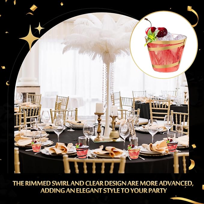 Gejoy 9 oz Rimmed Swirl Plastic Cups Disposable Wine Drinking Cups Clear Elegant Halloween Tumblers for Christmas Party Supplies(Black, Gold,50 Pcs)