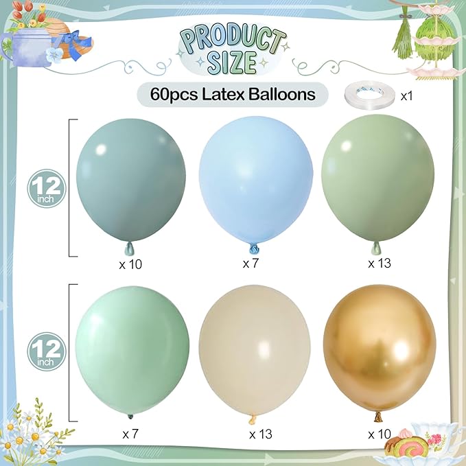 Dusty Blue Green Balloons, 60 Pcs 12 Inch Haze Fog Blue Sage Green Balloons with Sand White Metallic Gold Balloon for Boho Baby Shower Wedding Birthday Engagement Bridal Shower Party Decoration