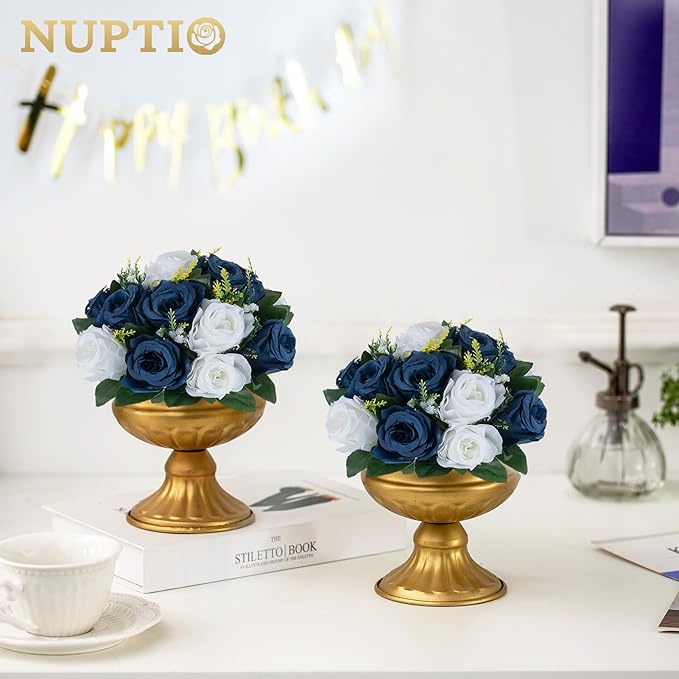 NUPTIO Artificial Flower Centrepieces for Tables - 2 Pcs 9.5in Diameter Navy Blue & White Fake Flowers Roses Balls - Silk Faux Rose Arrangement for Wedding Party Centerpiece Table Decorations