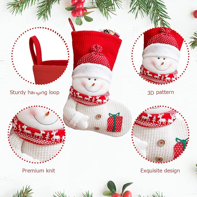 2 Pack Christmas Stockings, Large Stockings, Personalized Knitted 3D Pattern Santa Snowman Socks, Eve Candy Stocking Bag for for Holiday Xmas Party Decoration (Style 2, Santa Snowman)