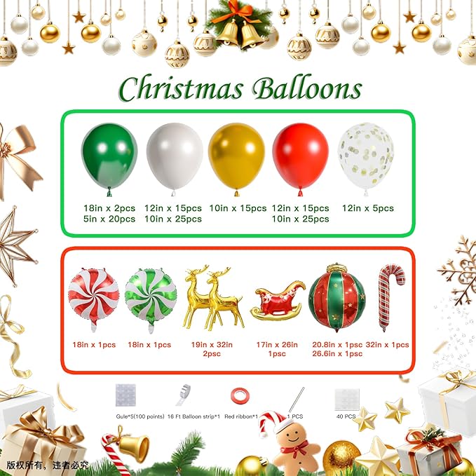 130Pcs Christmas Balloon Garland Arch Kit, With Gold Red Green White Candy Sequin Moose Sleigh Balloon for Christmas Party Decorations Supplies (23"Set)