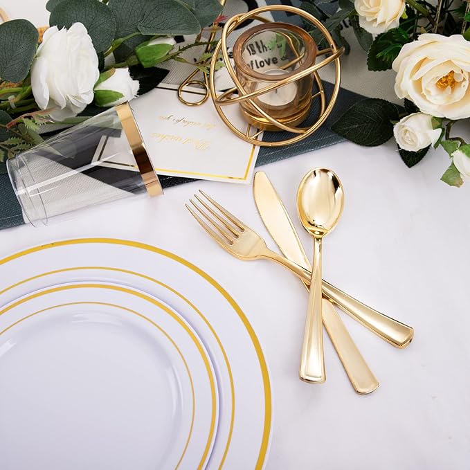 WELLIFE 96 Pcs Gold Plastic Dinnerware Set, Disposable Silverware and Cups, Gold Dinnerware Set, Includes: 16 Dinner Plates 10.25", 16 Dessert Plates 7.5", 16 Cutlery for Party