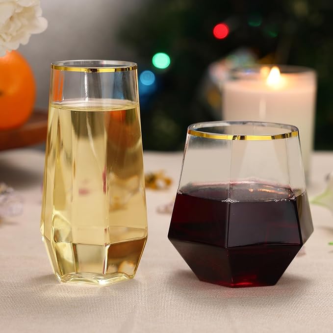 48 Pack Plastic Glasses – 24 x 9oz Stemless Champagne Flutes & 24 x 12oz Stemless Wine Glasses – Elegant Disposable Shatterproof Cup – BPA-Free Drinkware for Weddings, Parties (Gold Rim Diamond)