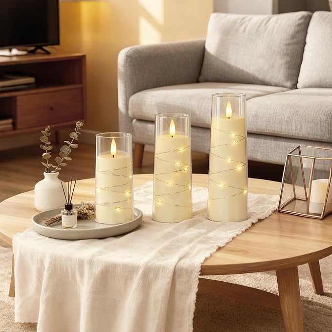 Raycare Flameless Candle with Remote Timer, 7 Flickering Acrylic Battery Operated LED Pillar Candles with Embedded Star String for Christmas, Home Decor, and as a Gift(Ivory)