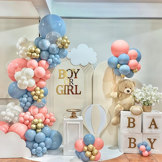 Gender Reveal Balloon Arch Garland Kit, Dusty Pink and Blue Balloons Metallic Gold Sand White Balloons for Gender Reveal Boho Bachelorette Birthday Baby Shower Bridal Bear Theme Party Decorations