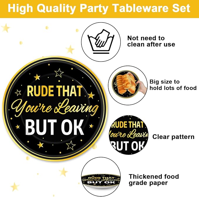 ZOIIWA 96 Pcs Rude That You’re Leaving But OK Party Supplies Set for 24 Guests Coworker Leaving Farewell Tableware Plates Dinnerware Table Decorations for Goodbye Going Away Retirement Party Favors