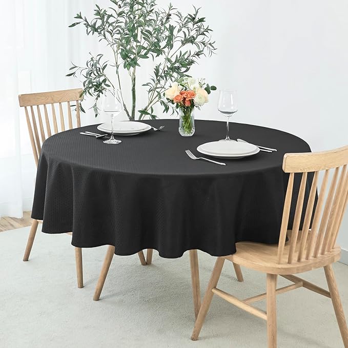 maxmill Round Weaved Texture Design Tablecloth Spill-Proof Wrinkle Free Soft Washable Table Cloth for Circular Table Cover, for Dining Room Buffet Banquet Parties Holiday Dinner, 90 Inch Black