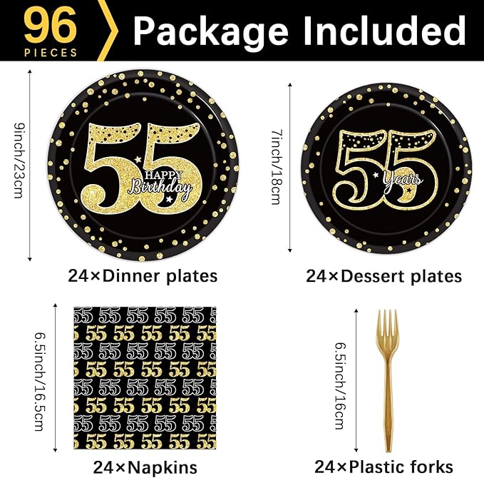96 Pcs 55th Birthday Party Supplies 55th Birthday Tableware Plates Cheers to 55 Years Table Decorations Dinnerware Happy 55th Birthday Party Favor for Men Woman Fifty-five Years Birthday 24 Guests