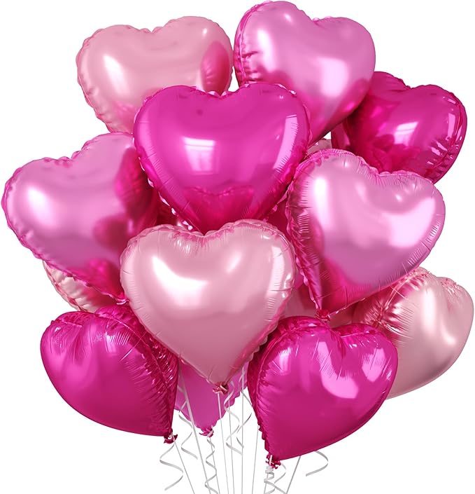 Pastel Pink Heart Balloons, 10 Pcs Hot Pink Heart Shaped Balloon, 18 Inch Light Pink Rose Red Foil Balloons Helium for Girls Women Princess Brithday Bridal Baby Shower Valentines Party Decorations