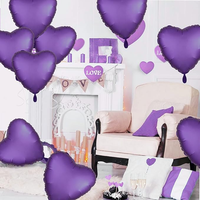 Purple Heart Balloon, 10PCS Purple Foil Heart Balloons, 18inch Metallic Purple Heart Shape Foil Balloons for Helium Birthday Party Decorations for Brithday Party, Valentines Day, Wedding, Anniversary