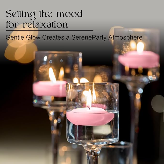 12 pcs 2-inch Floating Candles, Pink, smokeless and unscented, Burns continuously for 5-6 Hours, be Good for Holidays, Weddings, Vacations, and Home décor