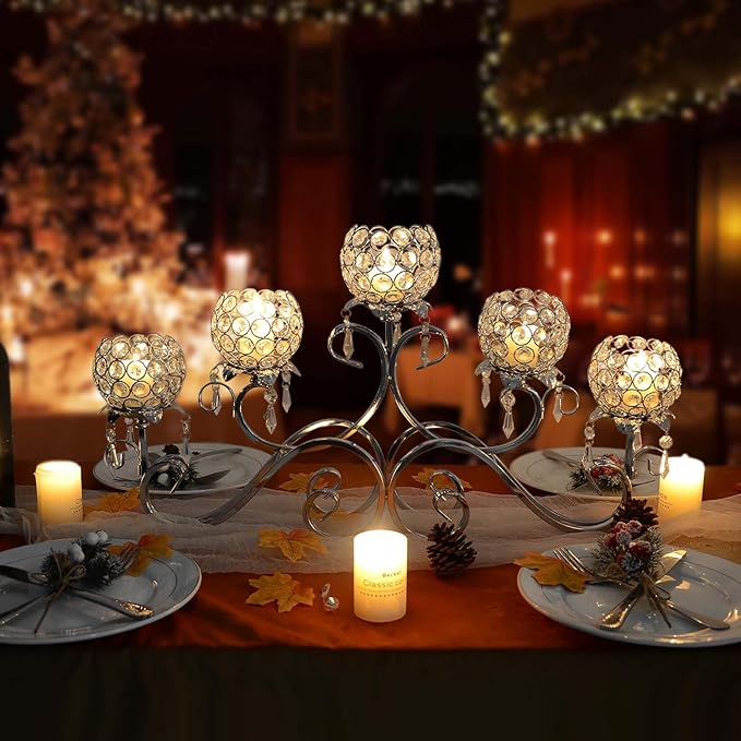 Silver 5 Arms 26.8 Inches Wide Crystal Pendant Bowl Tea Light Candle Holder, Large Bling Centerpiece Table Decorations, Metal Votive Candle Holders for Dining Table(Silver, Bowl-Shaped)
