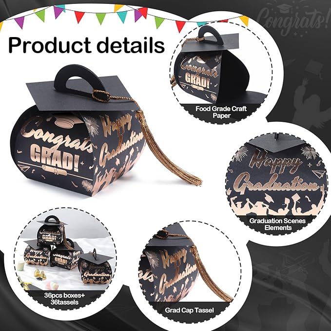 COTOPHER 36 Pcs Graduation Cap Gift Boxes with Tassel, Class of 2025 Graduation Candy Boxes Centerpieces for Tables Party Decorations, Mini Treat Chocolate Box Graduate Favors Supplies