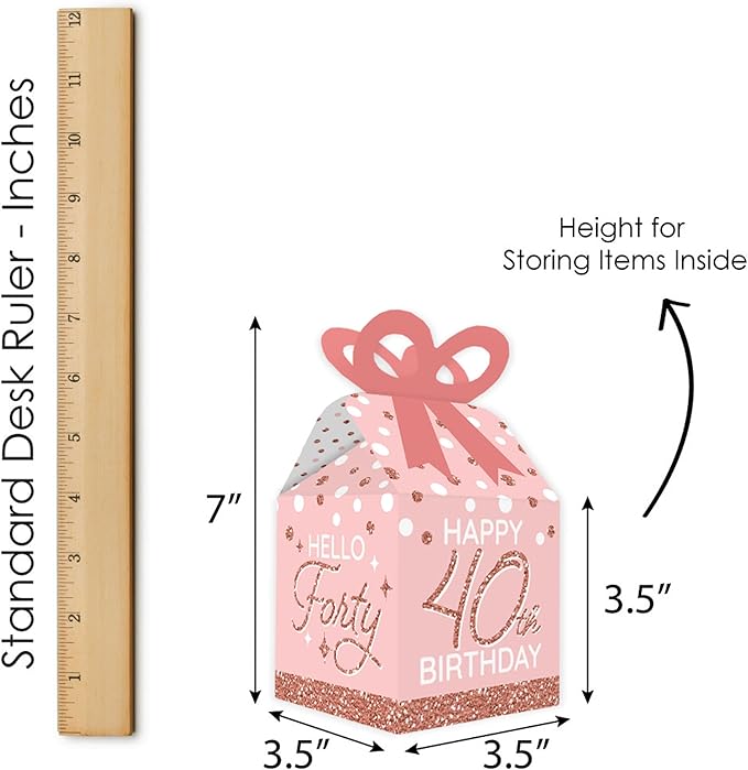 Big Dot of Happiness 40th Pink Rose Gold Birthday - Square Favor Gift Boxes - Happy Birthday Party Bow Boxes - Set of 12