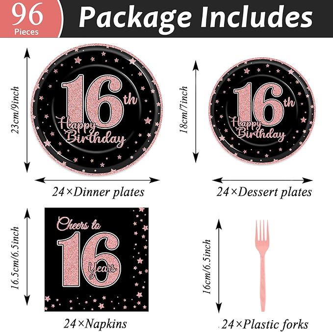 96 Pieces Rose Gold 16th Birthday Party Plates Sweet 16th Theme Party Decorations Black Rose Gold Paper Plates and Napkins Pink Birthday Disposable Dessert Tableware Set 16 Years Supplies 24 Guests