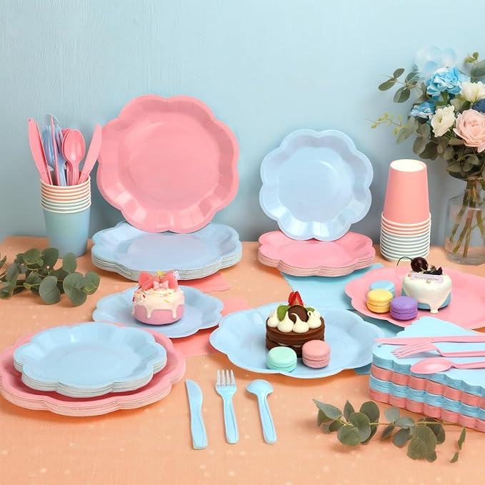 416 Pcs Pink And Blue Party Supplies - For 52 Guests Paper Plates And Napkins Knives Spoons Forks Cups - Disposable Big Scalloped Dinner Party Set Cutlery - For Baby Shower Bridal Shower Wedding