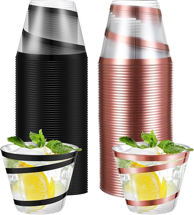 Gejoy 9 oz Rimmed Swirl Plastic Cups Disposable Wine Drinking Cups Clear Elegant Halloween Tumblers for Christmas Party Supplies(Rose Gold, Black,100 Pcs)