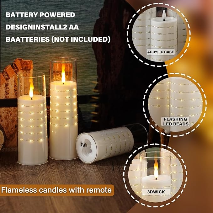 Flameless Candles with Embedded Star String - Flow Flicker Battery LED Candles, Realistic Flame,White Set of 5 | Holiday Decoration, Wedding, Party Adding to The Family Atmosphere