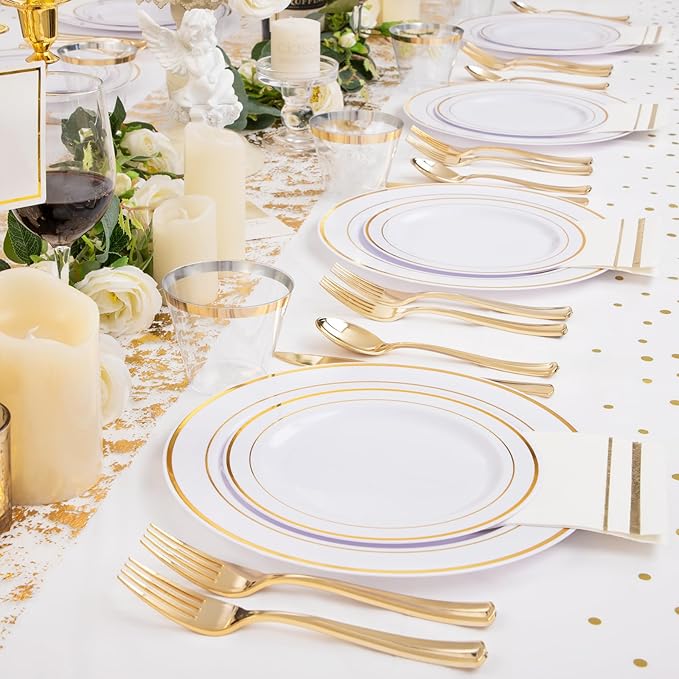 GATHER 176 Pieces Gold Dinnerware Disposable - White and Gold Plastic Plates Includes 50 Plates, 25 Plastic Silverware, 25 Napkins, 25 Cups and 1 Tablecloth for Wedding Party Christmas