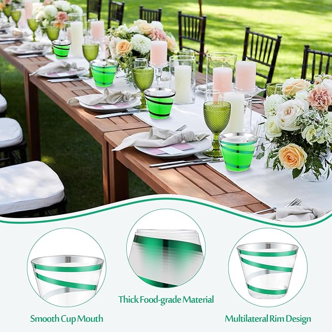 Gejoy 9 oz Rimmed Swirl Plastic Cups Disposable Wine Drinking Cups Clear Elegant Halloween Tumblers for Christmas Party Supplies(Black，green,100 Pcs)