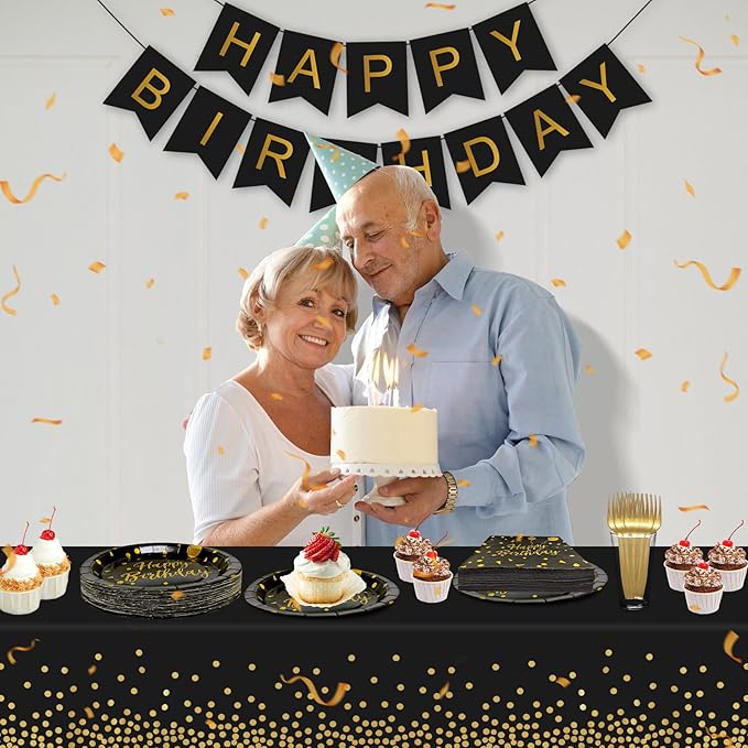 Serves 35 Guests Happy Birthday Paper Plates Party Supplies,7 Inch Black and Gold Happy Birthday Disposable Paper Plates Napkins Forks Tablecloths Banner for Party Decorations