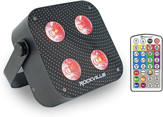 Rockville Mini IR4 Black LED Wash Light, RGBWA+UV, Compact, App Control, LCD, Wireless DMX, Remote, Rechargeable, Perfect for DJ & Event Lighting