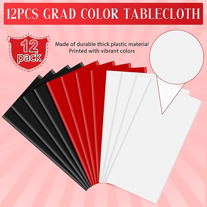 12 Pcs Red Black White Plastic Tablecloths Bulk,54 x 108 Inch Disposable Rectangle Party Table Cloth Waterproof Table Cover for Birthday Wedding Anniversary Graduation Party Decorations Supplies