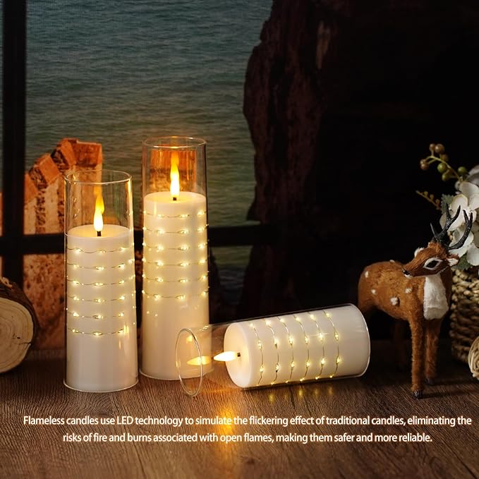 Flameless Candles with Embedded Star String - Flow Flicker Battery LED Candles, Realistic Flame,White Set of 5 | Holiday Decoration, Wedding, Party Adding to The Family Atmosphere