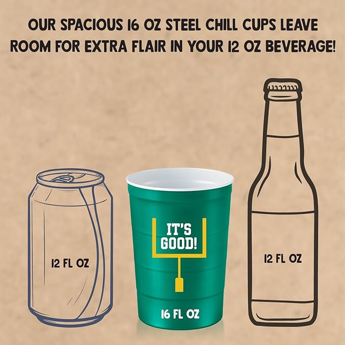 16 oz. Party Cup Football 'It's Good' Goal Post Design for Cold Drinks, Durable, Disposable, Recyclable, Made in USA, Green 12 Count