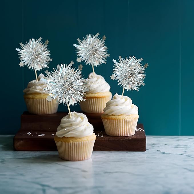 Ephlyn 30Pcs Foil Firework Cupcake Toppers Party Birthday Cake Toppers Supplies Sparkle Tinsel Cocktail Fruit Toothpick for Birthday Wedding Graduation Party Silver