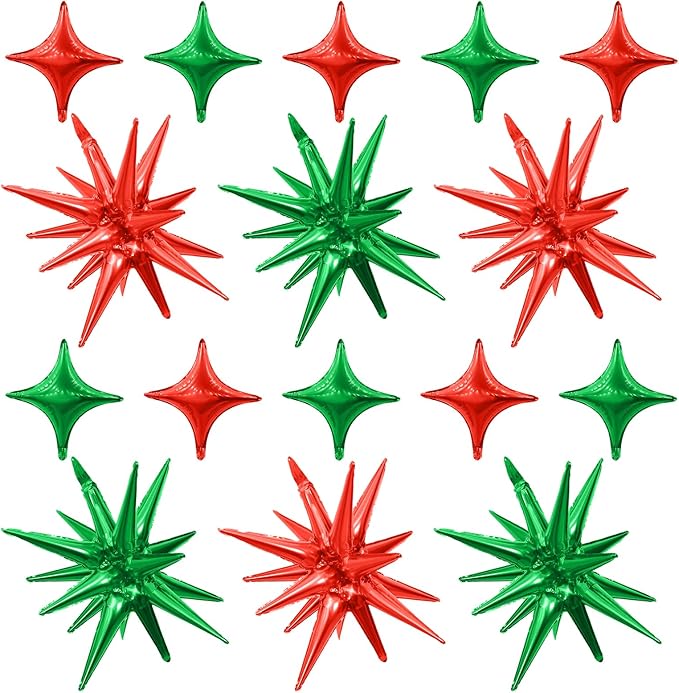 Red Green Star Balloons,Explosion Star Balloons Kit with 6Pcs 22Inch Cone Star Foil Balloons and 10Pcs 10Inch Four Pointed Star Balloons for Christmas Birthday Anniversary Party Decorations