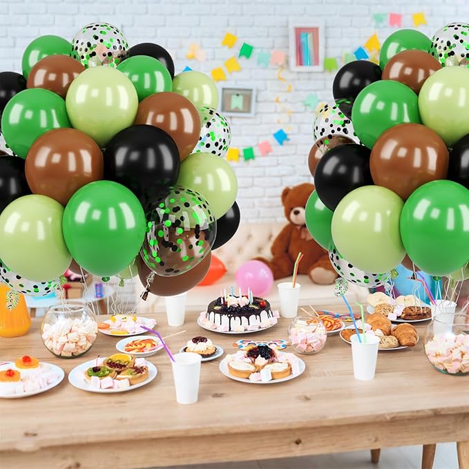 Green and Brown Balloons, 50PCS 12 Inch Camouflage Green Black Brown Ballons, Dark Emerald Green Confetti Balloon for Camping Game Jungle Theme Camo Birthday Army Party Decorations