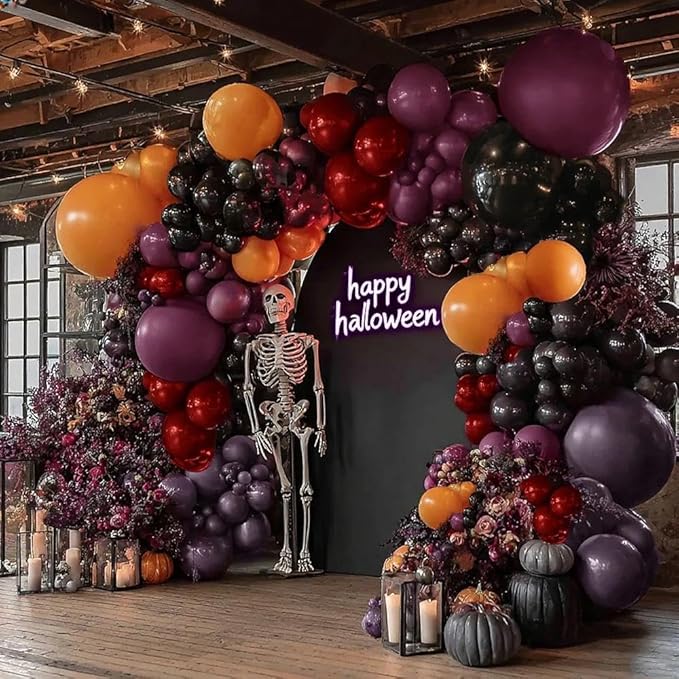 Halloween Balloon Arch Double Stuffed Black Purple Orange Balloons Burgundy Red Dark Mauve Plum Balloon Garland for Birthday Festival Baby Shower Indoor Outdoor Halloween Party Decorations
