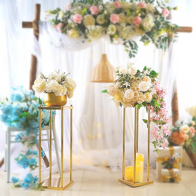 2 Pcs Tall Wedding Elegant Metal Flower Centerpieces, 23.6" Gold Flower Stand Vase Display Column for Wedding Event Reception Table, Wedding Geometric Vases for Party Table, Home Décor