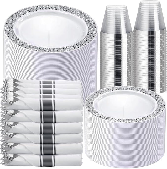 WELLIFE 350 Pieces Silver Disposable Plastic Dinnerware, Includes:50 Dinner Plates, 50 Dessert Plates, 50 Cups, 50 Pre Rolled Napkins with Silver Cutlery
