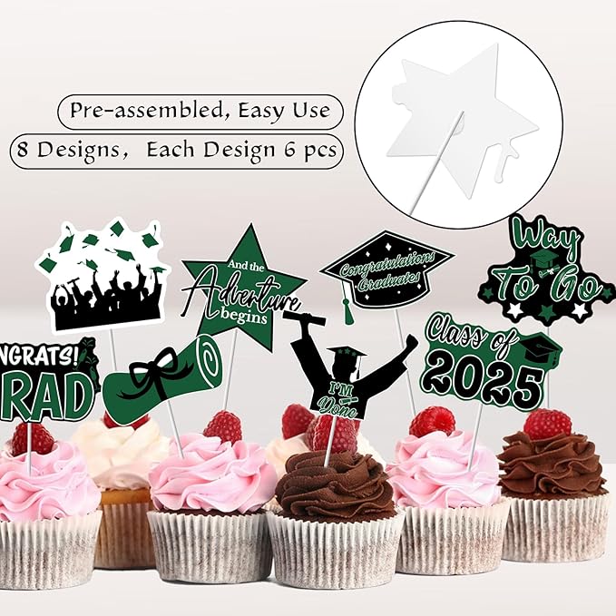 2025 Graduation Cupcake Toppers - 48 Pcs Green Graduation Party Supplies Mini Cake Food/Appetizer Picks For Class of 2025 Grad Decorations